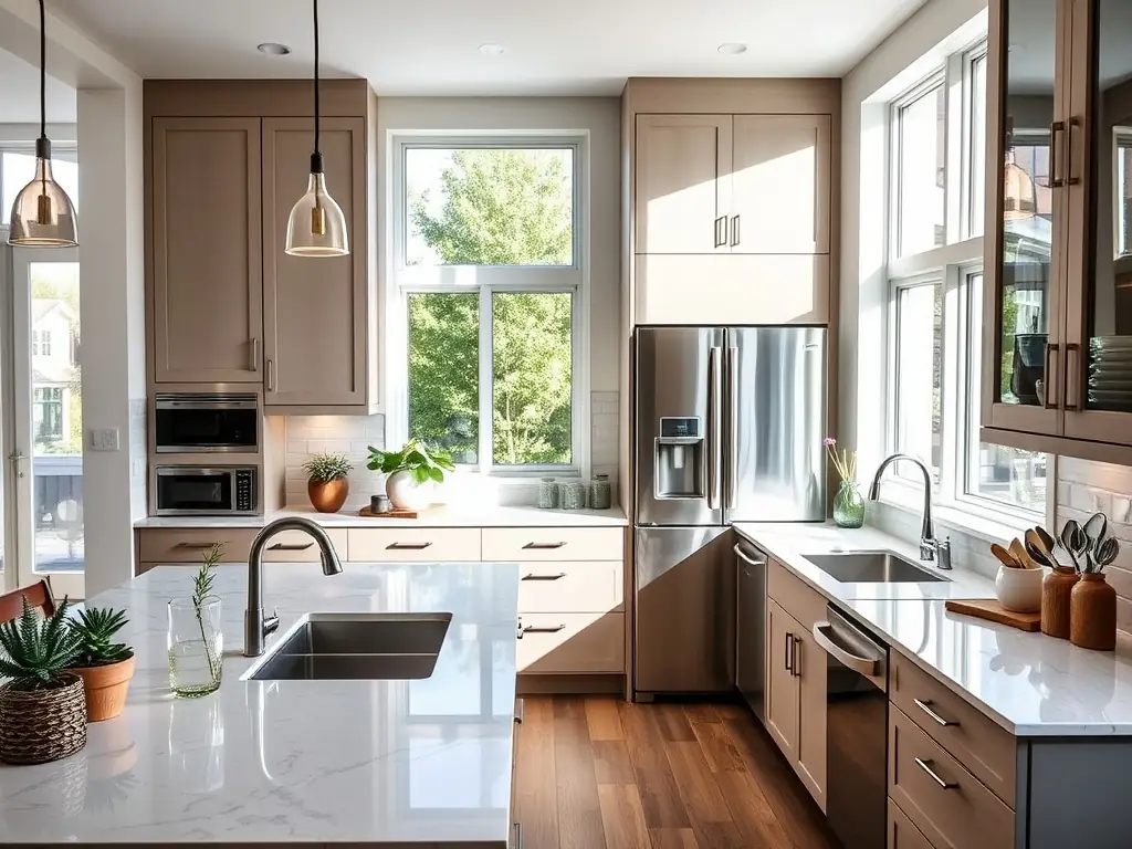 An interior shot of a modern kitchen renovation, highlighting custom cabinetry and updated appliances, reflecting JDI Contracting's interior design capabilities.