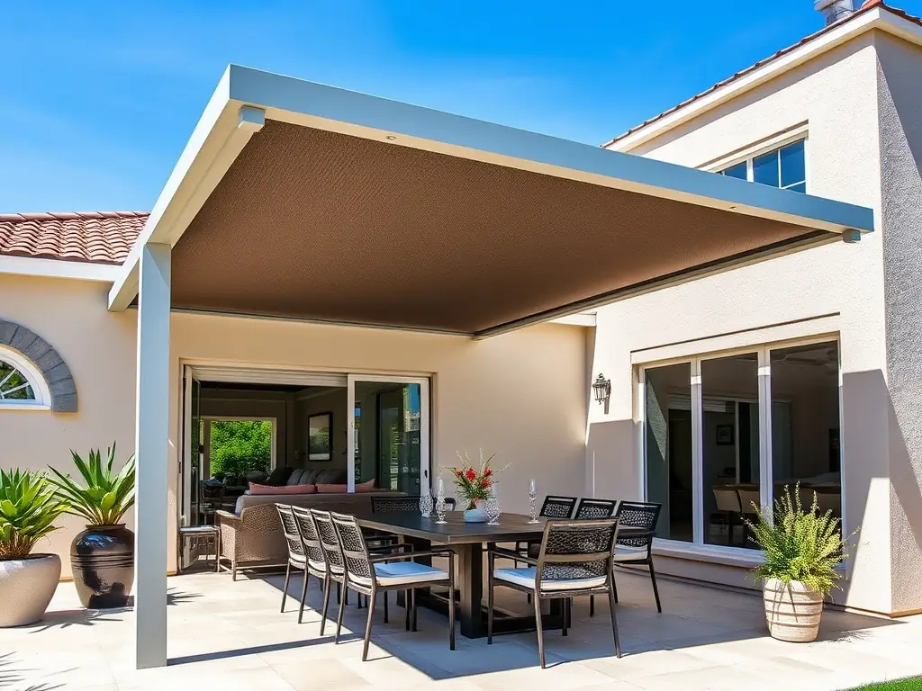 A custom-built patio cover by JDI Contracting, providing shade and style to an outdoor living space, complete with comfortable seating.