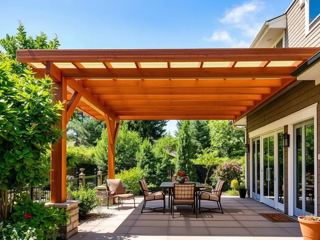A custom-built patio cover with comfortable outdoor furniture, illustrating JDI Contracting's expertise in creating outdoor living spaces.