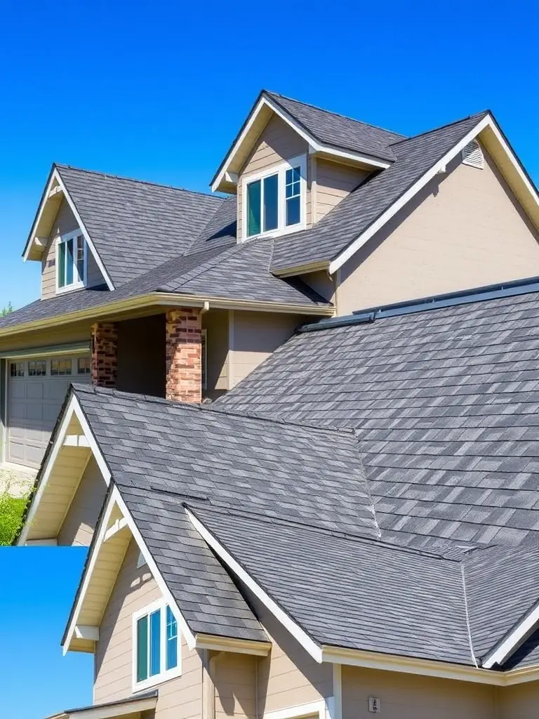 A high-quality photograph showcasing a recently completed residential roofing project by JDI Contracting, featuring asphalt shingles on a modern home in Spokane, WA, under a clear blue sky.