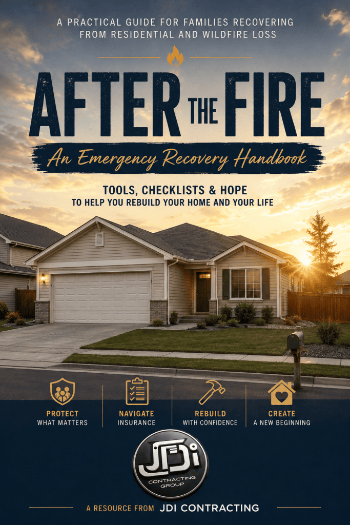 ChatGPT Image Aug 2 2026 08_10_26 PM - JDI Contracting Group Book cover for'After the Fire' showing a suburban house at sunset with a blue sky; subtitle reads 'An Emergency Recovery Handbook' and icons at the bottom imply guidance for protection, insurance, rebuilding, and new beginnings.