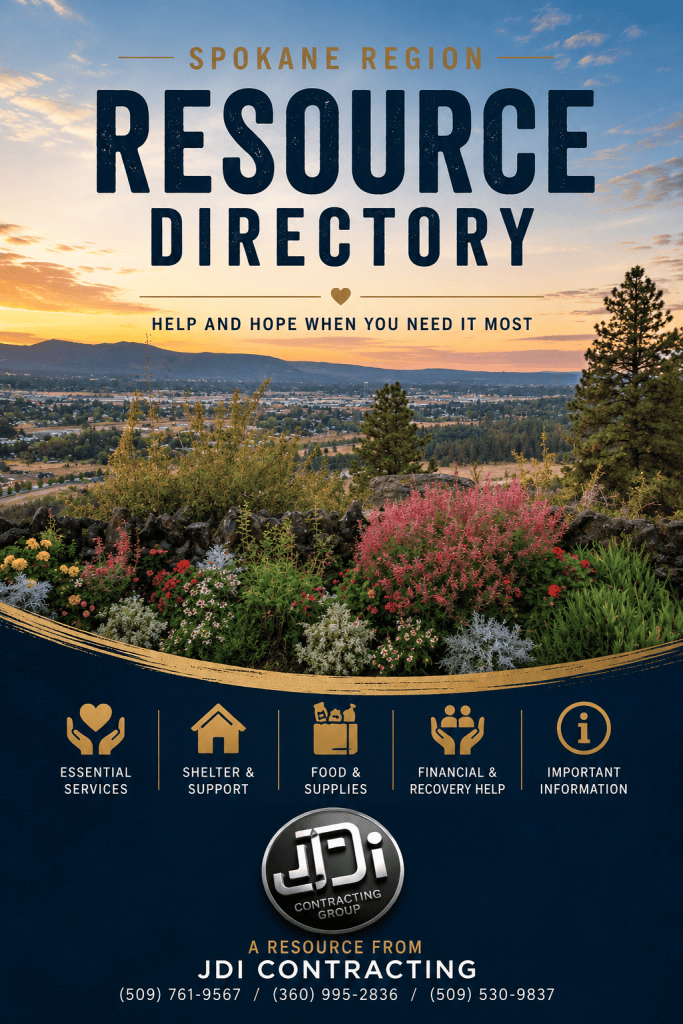 ChatGPT Image Aug 3 2026 04_38_48 PM - JDI Contracting Group Spokane Region Resource Directory poster featuring a sunset landscape, garden foreground, and icons for services like essential services, shelter & support, food & supplies, financial & recovery help, and important information.