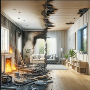 Split living room: left burned, smoky with fire and debris; right pristine with sofa, plants, and bright window, showing contrast between ruin and restoration.