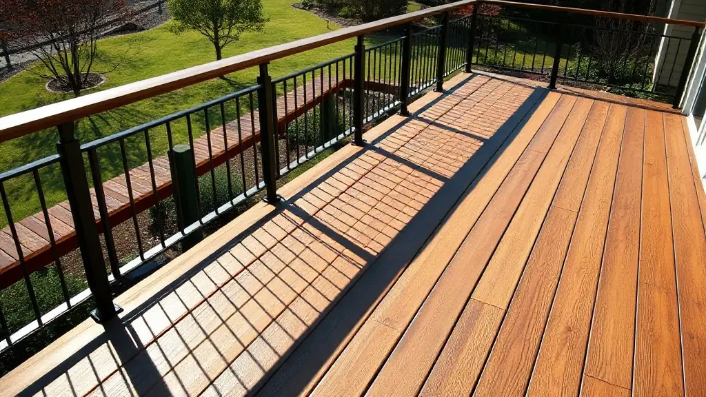 Custom wooden deck with durable railing, showcasing high-quality craftsmanship and outdoor space for relaxation, surrounded by green landscaping.