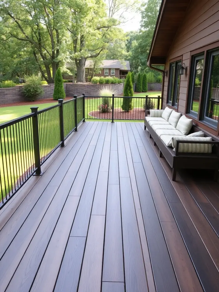 A spacious wooden deck with modern railing, overlooking a landscaped yard, showcasing JDI Contracting Group's deck construction capabilities.