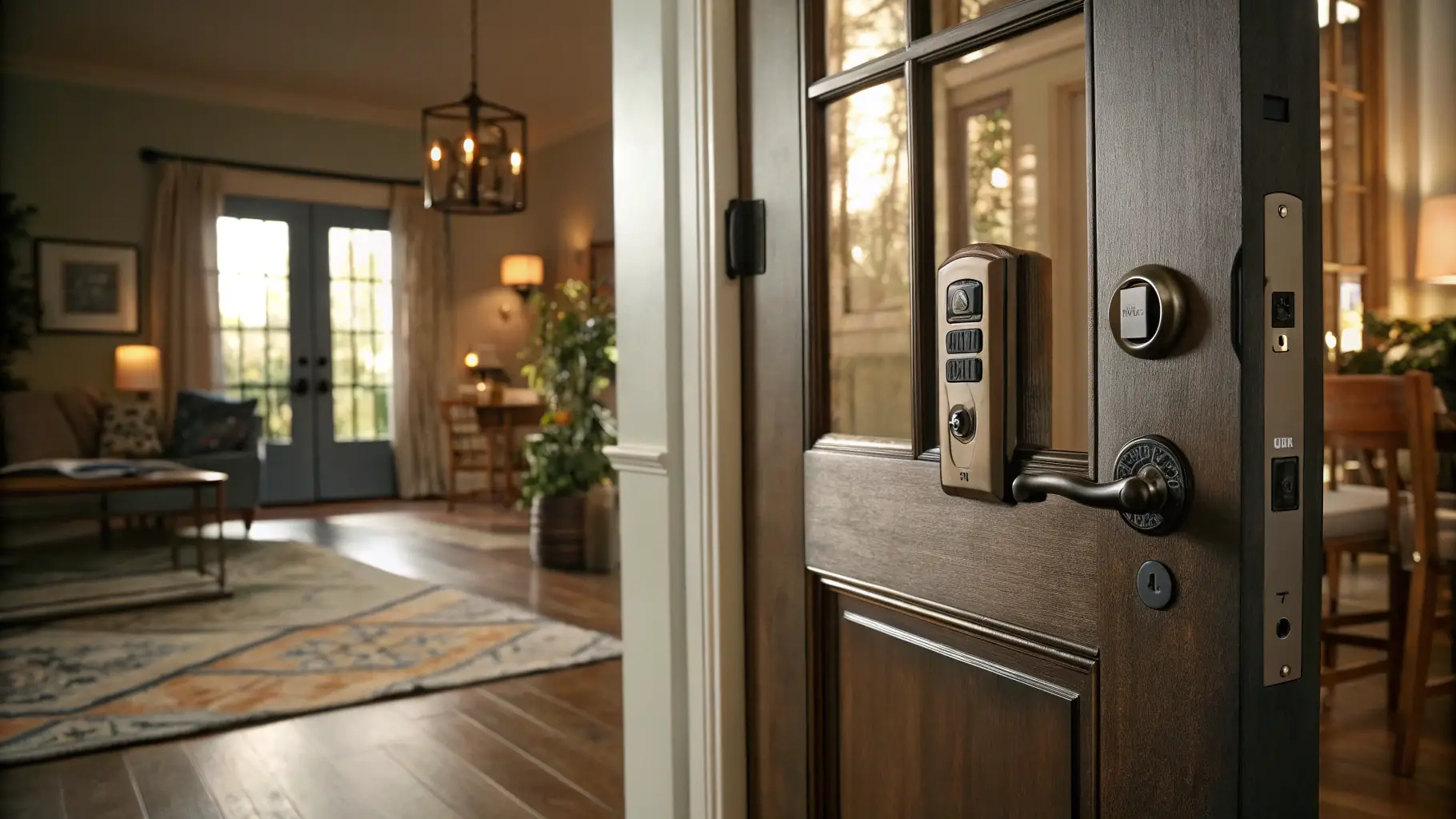 Premium wooden door with modern smart lock and handle, leading into a stylish home interior featuring blue French doors, cozy seating area, and warm lighting, showcasing JDI Contracting Group's quality craftsmanship in doors and windows.