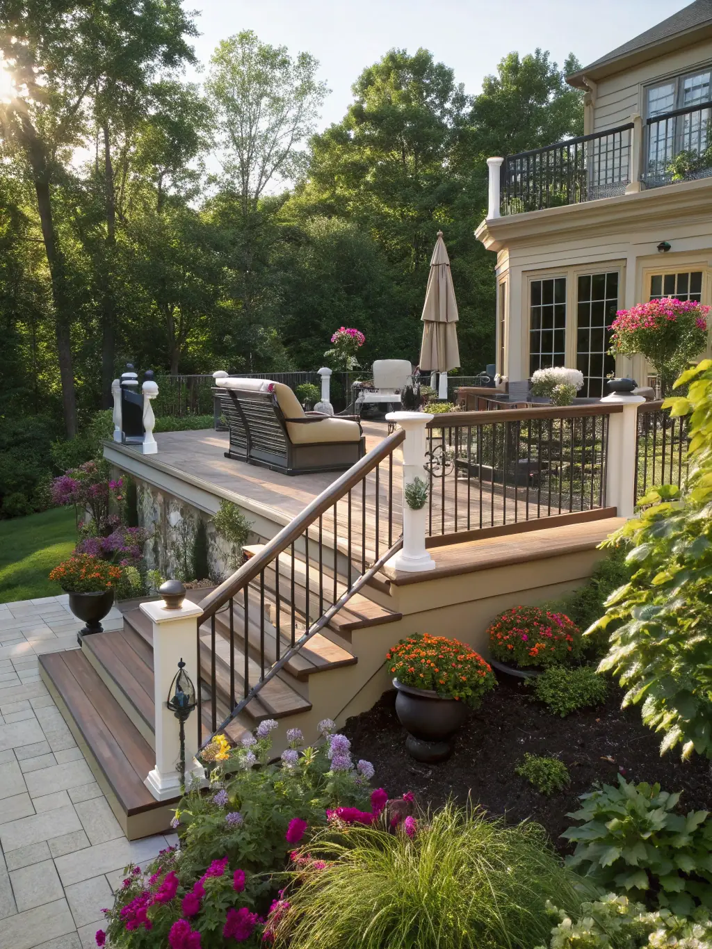 A picture of a custom-built wooden deck constructed by JDI Contracting Group, featuring railings and outdoor seating.
