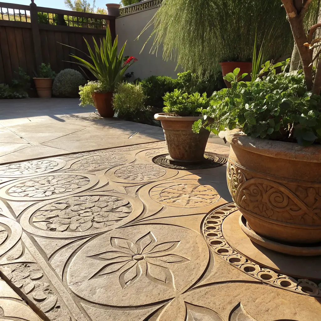 Decorative stamped concrete patio with floral patterns and potted plants, showcasing JDI Contracting Group's concrete solutions for enhancing outdoor spaces.