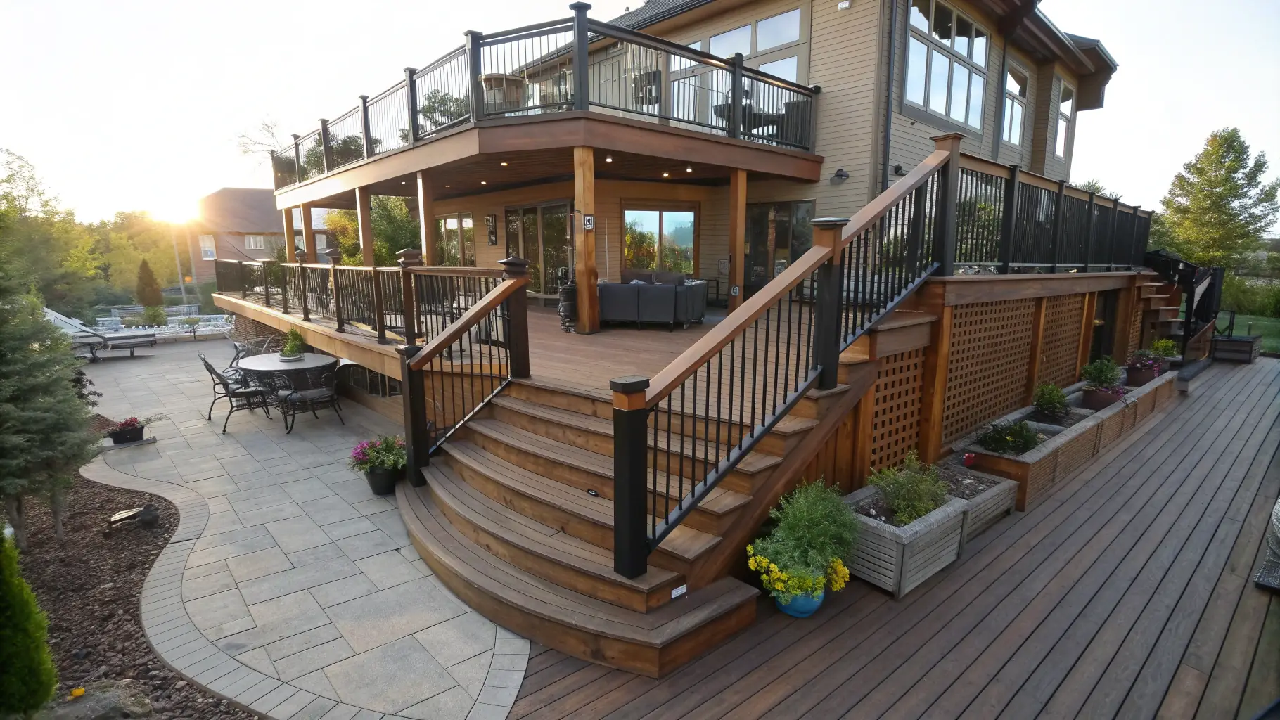 Spacious wooden deck with modern features, built for a Newport residence, showcasing high-quality craftsmanship and outdoor living enhancement.