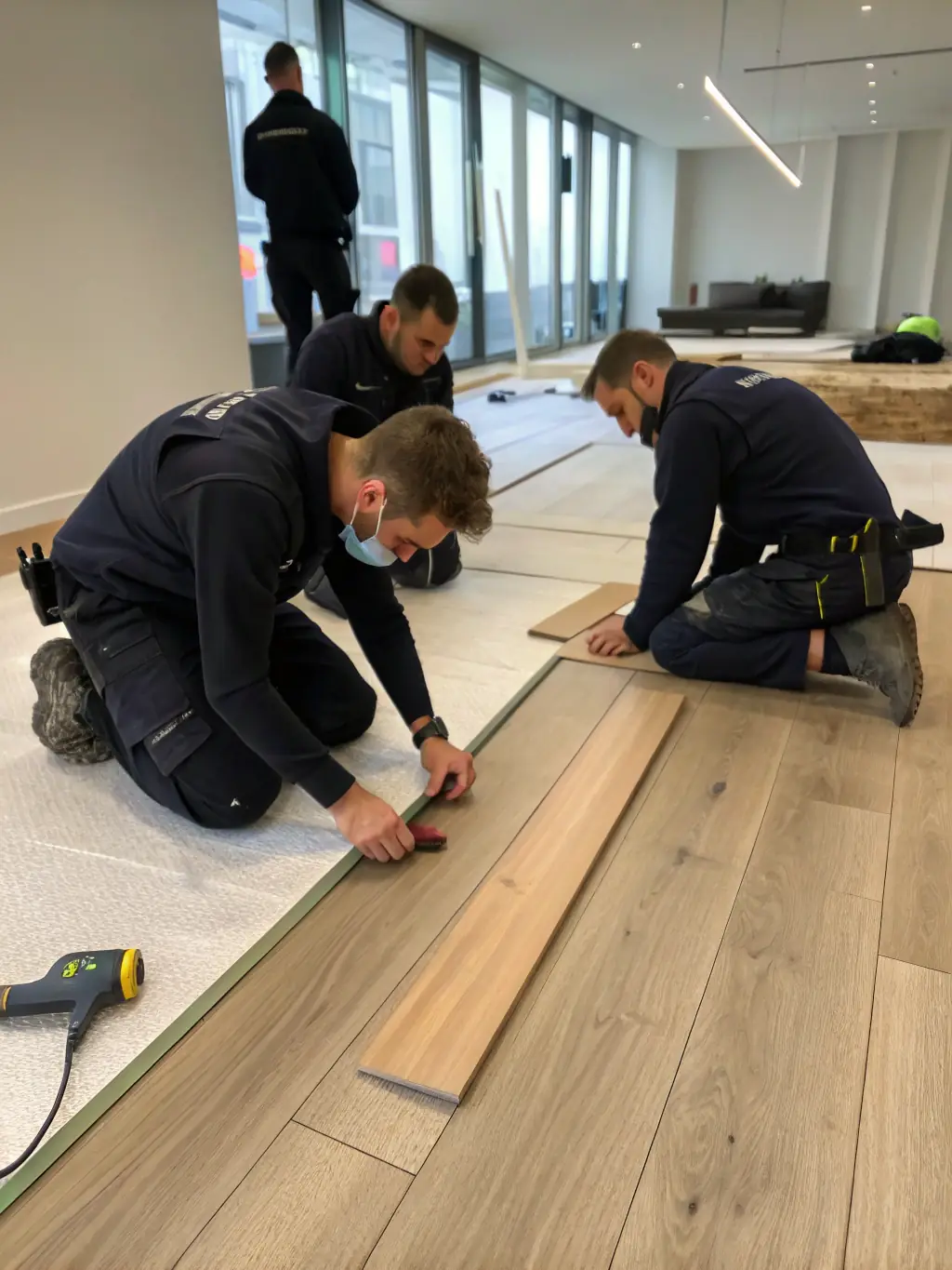 A professional construction crew working diligently on a home remodeling project, showcasing their expertise and attention to detail.