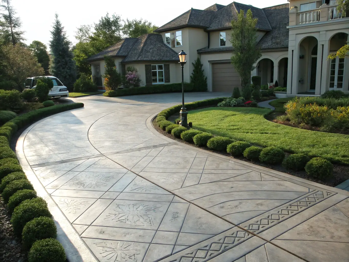 Custom decorative concrete driveway with intricate patterns, surrounded by landscaped greenery and a residential property, showcasing high-quality craftsmanship by JDI Contracting Group.