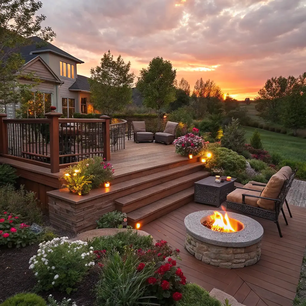 Outdoor patio with a fire pit, surrounded by landscaped gardens and seating areas, showcasing a beautiful sunset backdrop, enhancing relaxation and entertainment spaces.