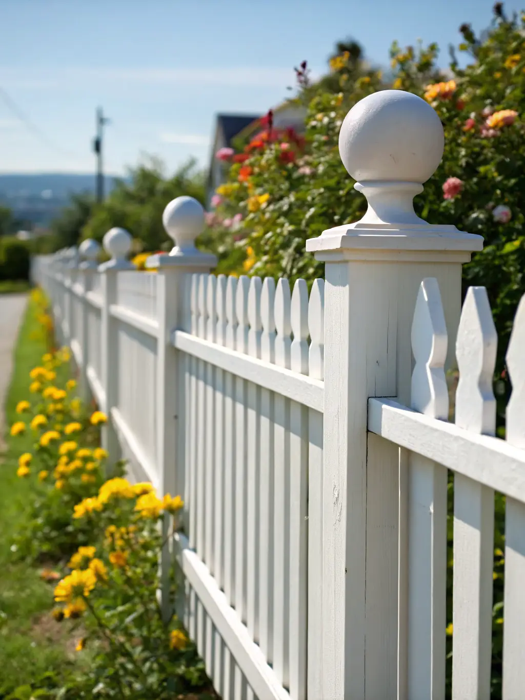 A white picket fence surrounding a lush backyard, representing JDI Contracting Group's fencing options.