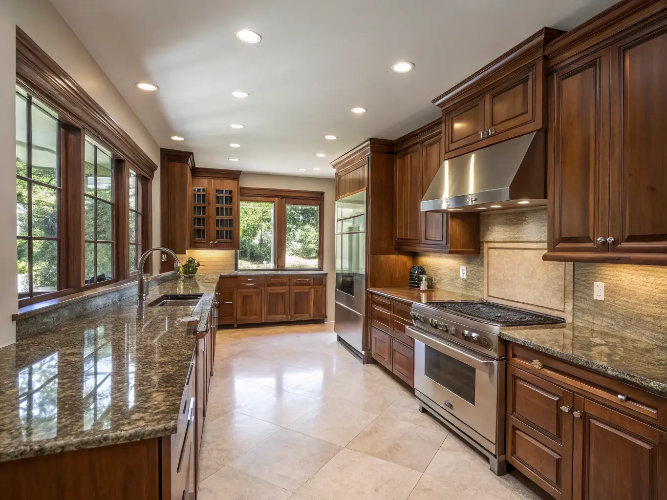 Modern kitchen with wooden cabinetry, granite countertops, stainless steel appliances, and large windows providing natural light, showcasing JDI Contracting Group's remodeling services.
