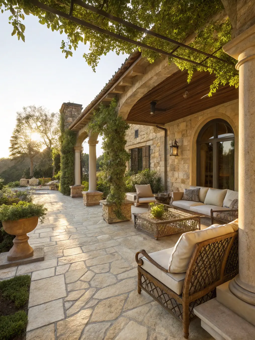 A photo of a durable, stamped concrete patio installed by JDI Contracting Group, showcasing decorative patterns and outdoor furniture.