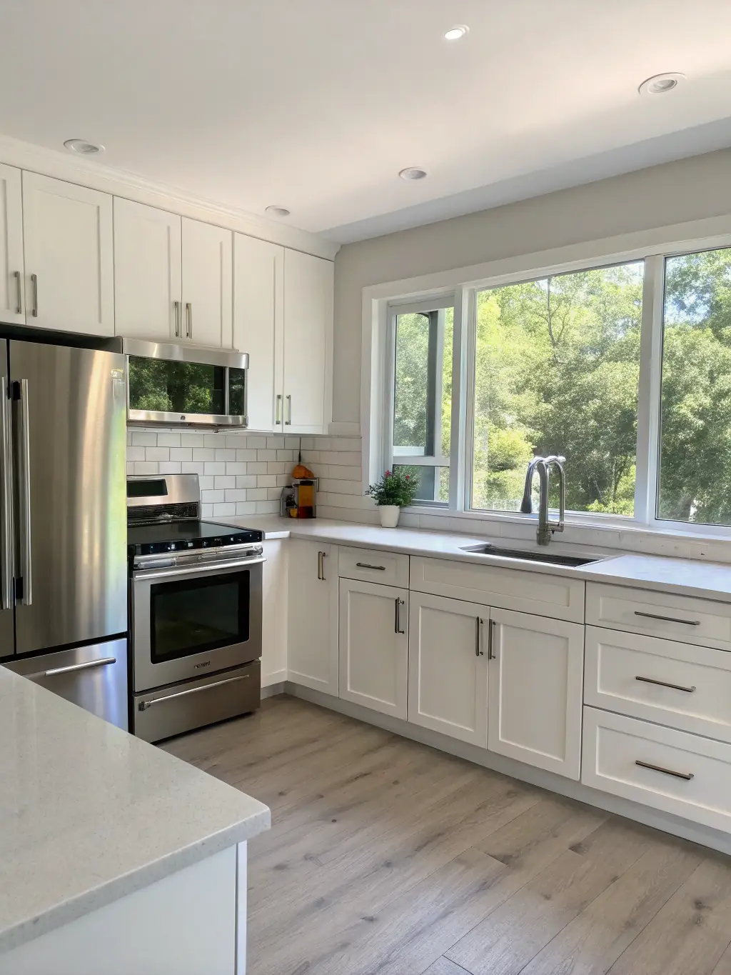 A high-quality photo showcasing a recently completed kitchen remodeling project by JDI Contracting Group, featuring modern cabinetry and stainless steel appliances.