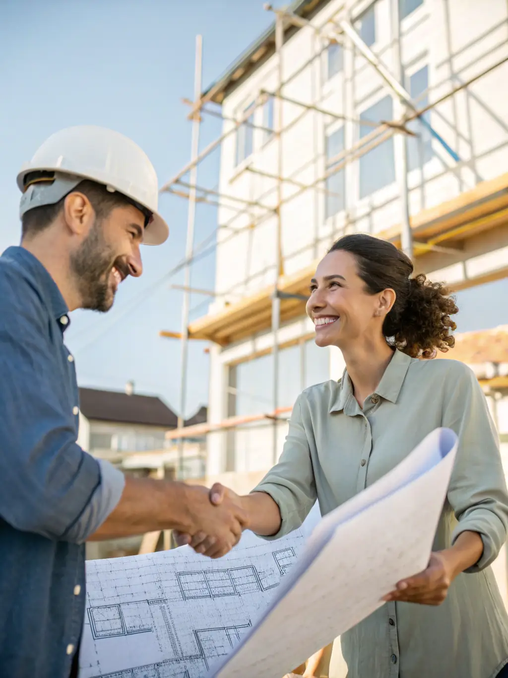 A friendly JDI Contracting Group team member discussing project details with a satisfied client, emphasizing their commitment to customer satisfaction.