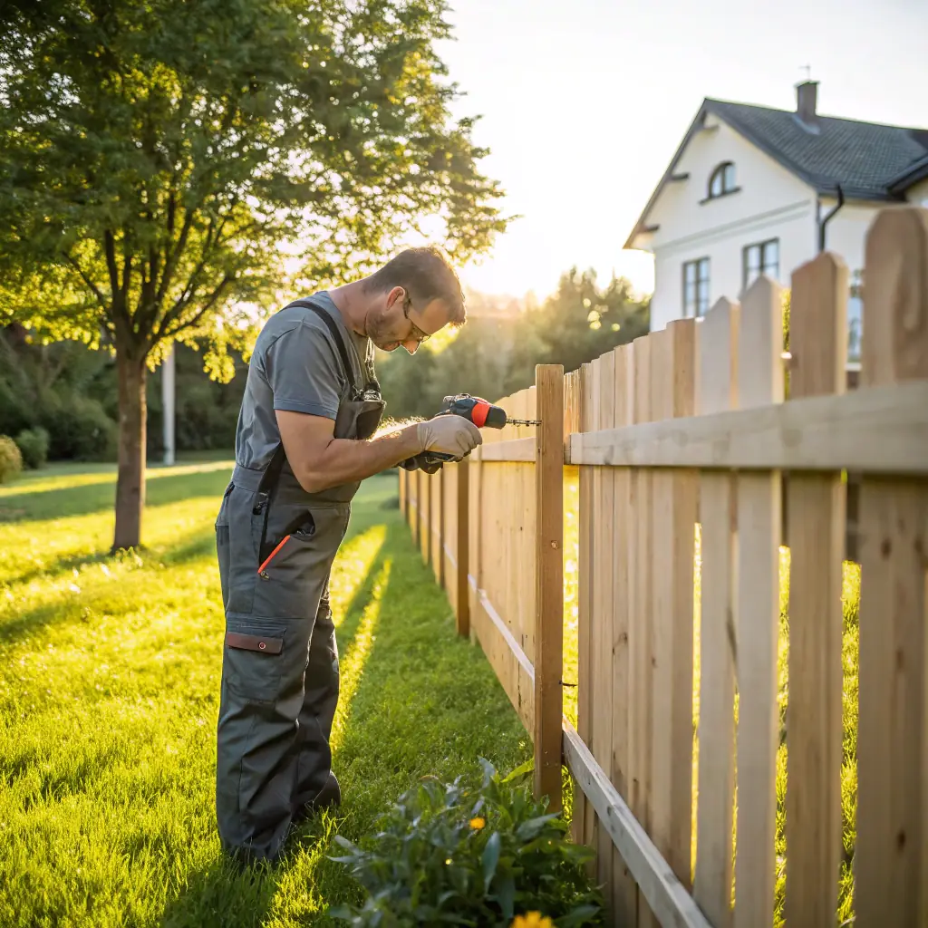 Man repairing a wooden fence with a power drill in a well-maintained garden, showcasing JDI Contracting Group's reliable repair and maintenance services.