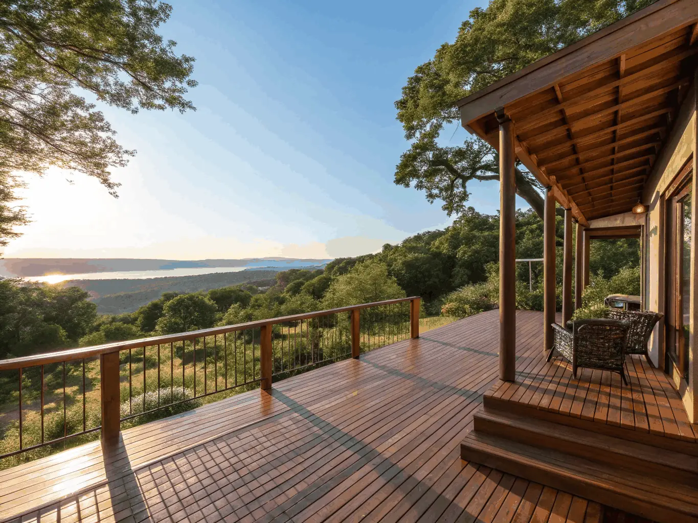 Custom-built wooden deck overlooking a scenic landscape, featuring a comfortable seating area and lush greenery, emphasizing outdoor living enhancements by JDI Contracting Group.